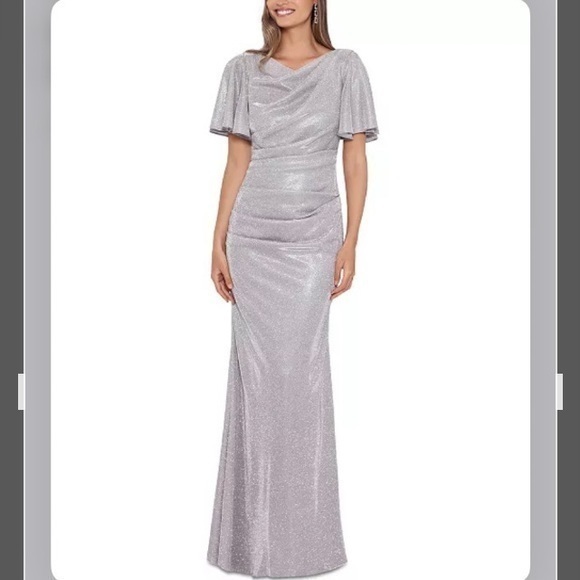 Betsy & Adam Dresses & Skirts - Betsy & Adam Flutter Short Sleeve Cowl Neck Glitter Knit Gown in Taupe/Silver